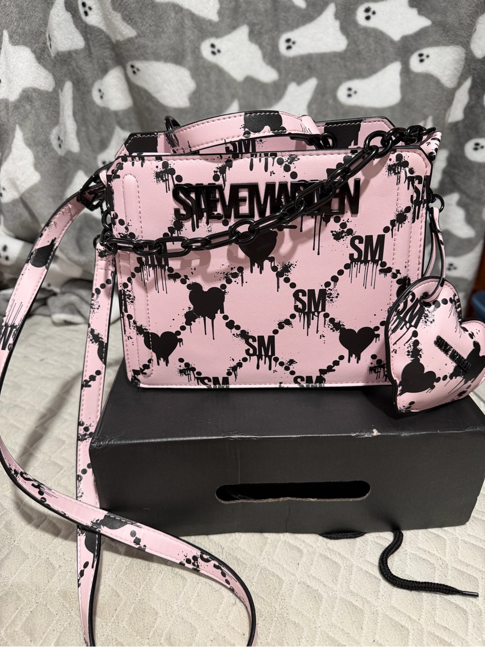 Steve Madden Pink & Black Heart Print Crossbody Satchel